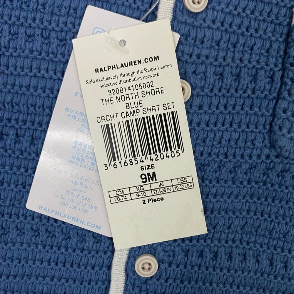 Ralph Lauren Crochet Camp Shirt Set Baby 9 Months Blue 2 Piece Knit Preppy